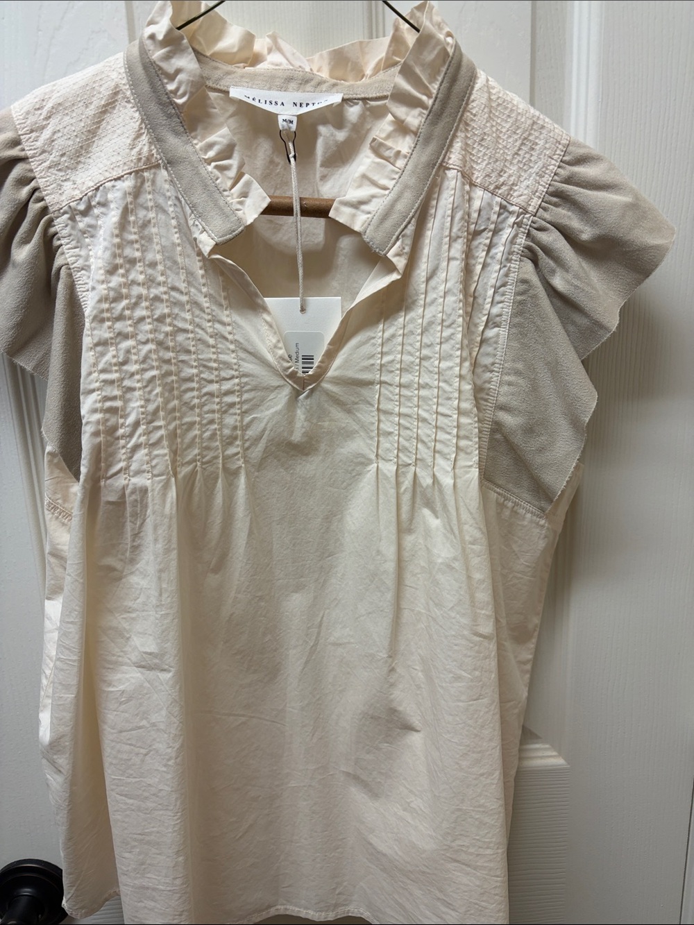 MELISSA NEPTON Cream Ruffle Collar Pintuck Short Sleeve Blouse